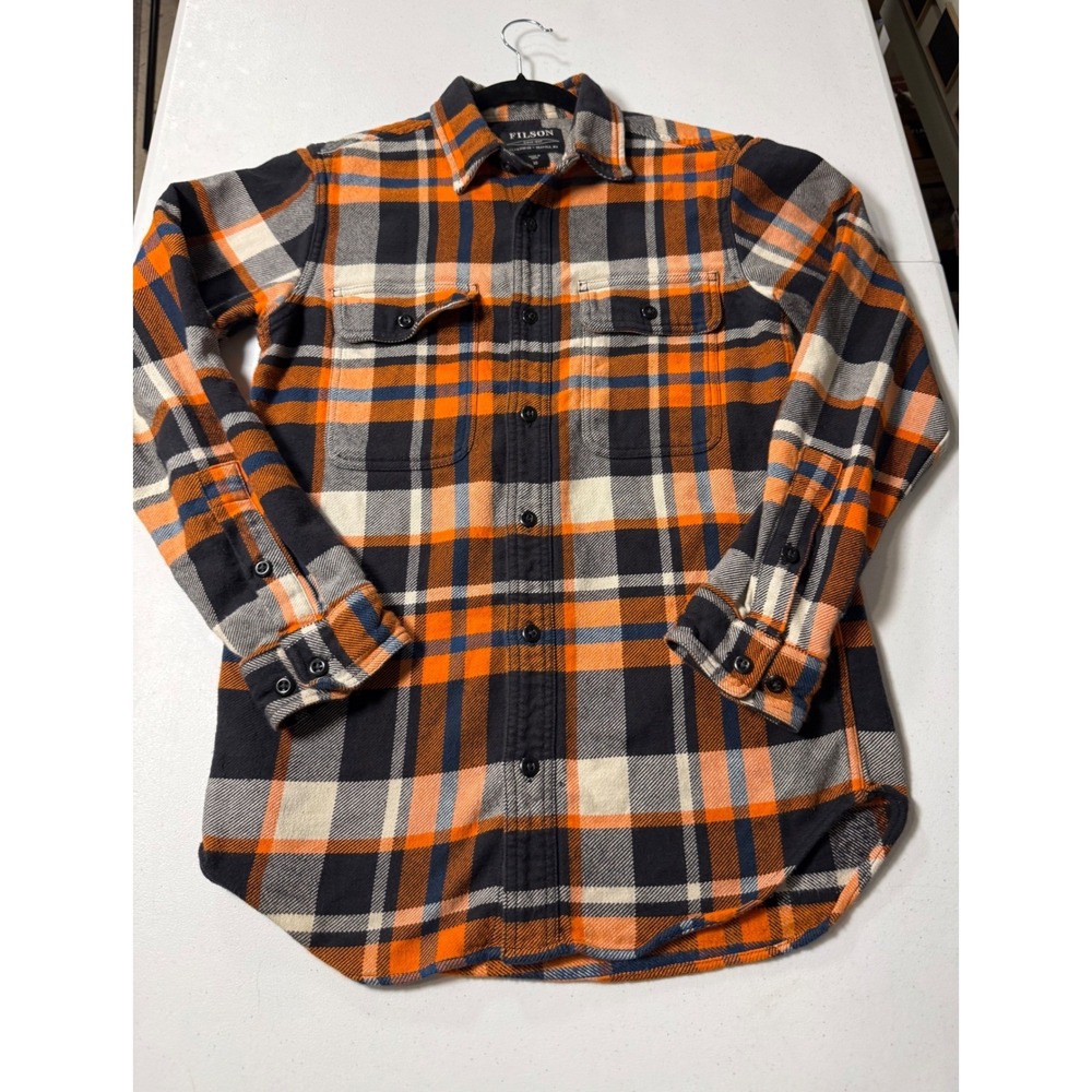 Filson Field Flannel Shirt Mens XS Orange Black Plaid Cotton 11010689 FCOP015461